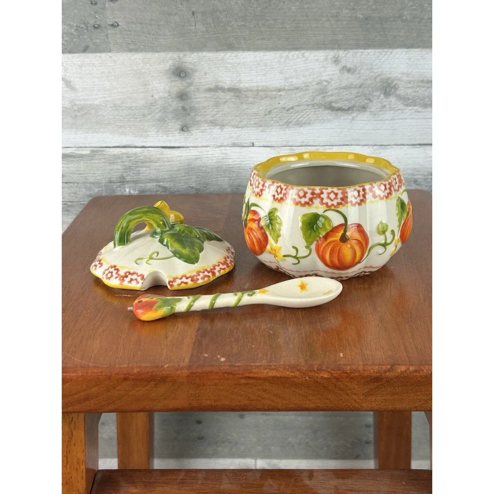 Temptations by Tara Old World Pumpkin Patch Pattern Ceramic Sugar Bowl W/ Spoon